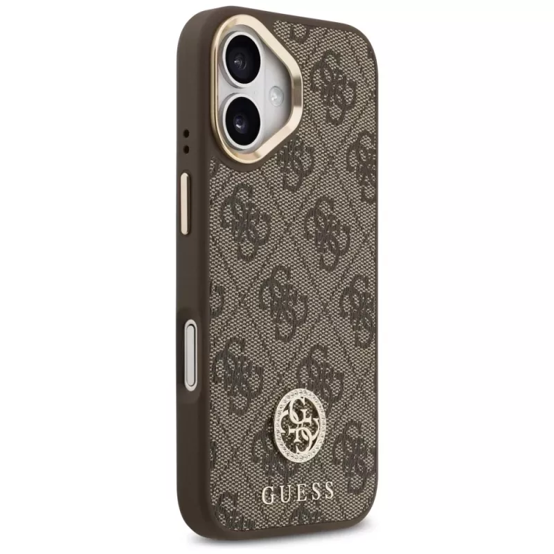 GUESS 4G Strass Logo & Big Strap Metal Buttons MagSafe Hülle für iPhone 17 - Braun