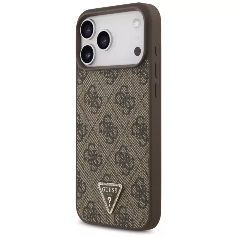 GUESS Leder 4G Triangle Strass MagSafe Hülle für iPhone 18 Pro Max / 17 Pro Max - Braun