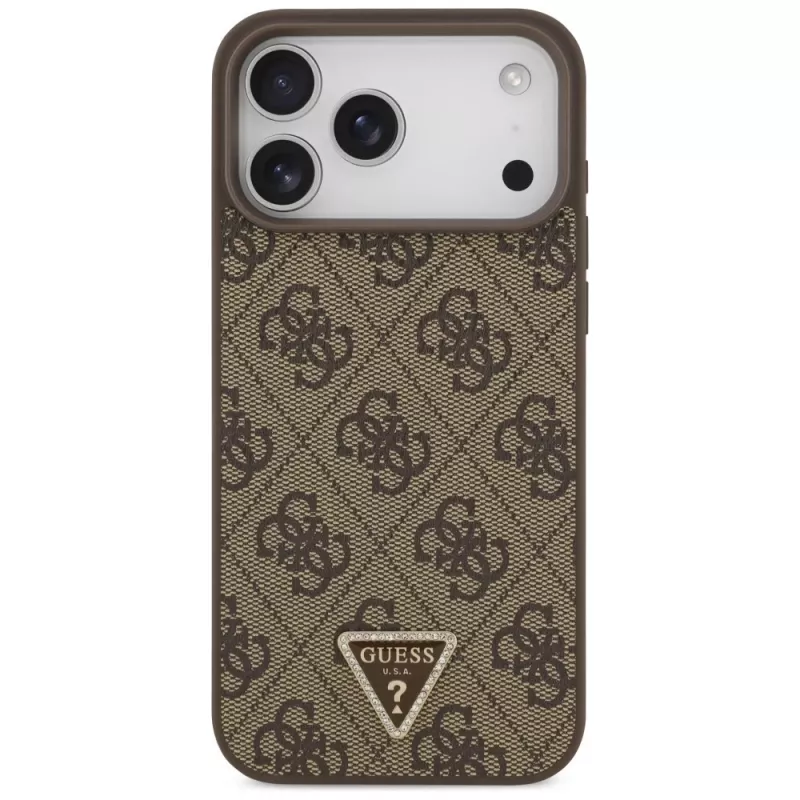 GUESS Leder 4G Triangle Strass MagSafe Hülle für iPhone 18 Pro Max / 17 Pro Max - Braun