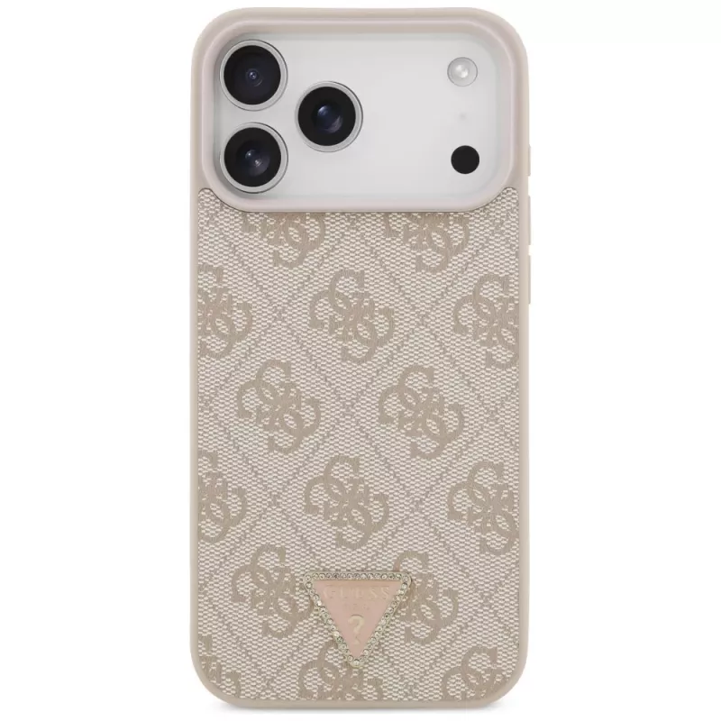 GUESS Leder 4G Triangle Strass MagSafe Hülle für iPhone 18 Pro Max / 17 Pro Max - Pink
