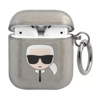 Karl Lagerfeld KLA2UKHGK AirPods 1/2 Hülle Schwarz Glitzer Karl's Kopf
