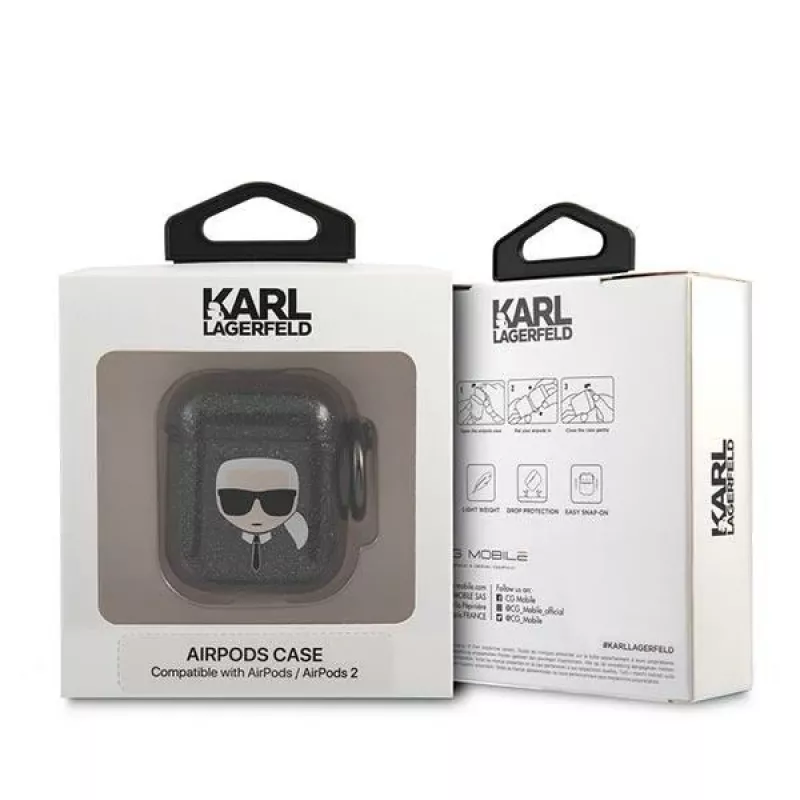 Karl Lagerfeld KLA2UKHGK AirPods 1/2 Hülle Schwarz Glitzer Karl's Kopf