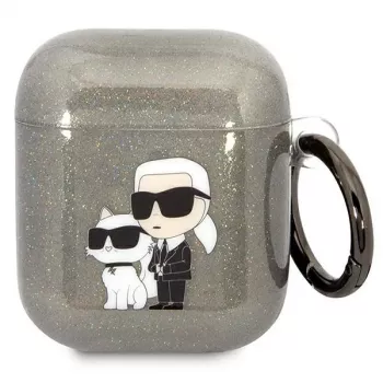 Karl Lagerfeld KLA2HNKCTGK AirPods 1/2 Hülle Schwarz Glitzer Karl & Choupette