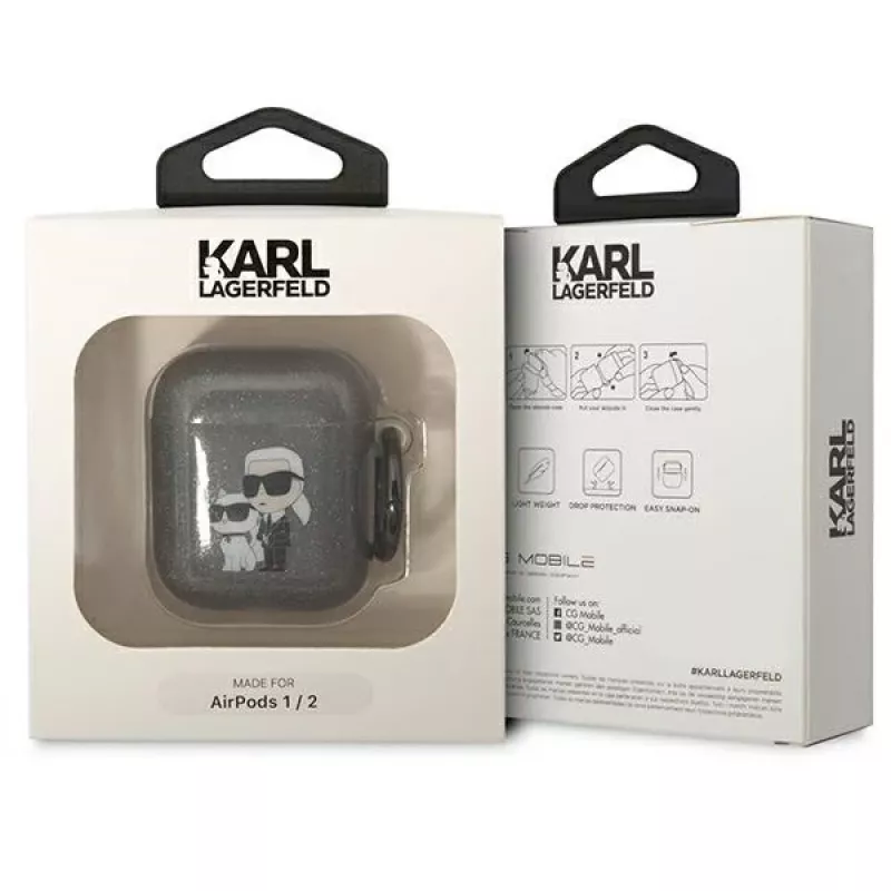 Karl Lagerfeld KLA2HNKCTGK AirPods 1/2 Hülle Schwarz Glitzer Karl & Choupette