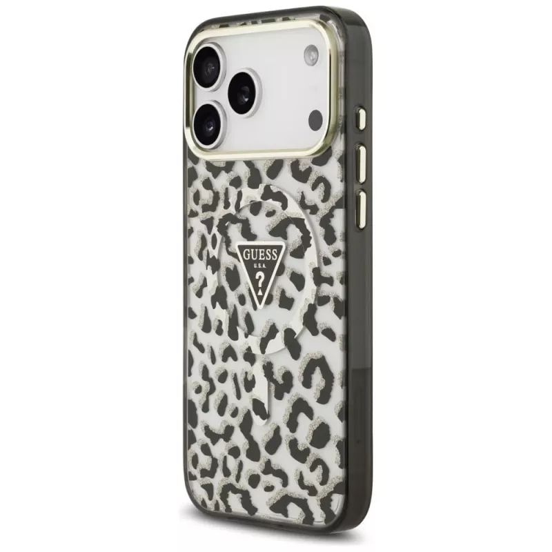 GUESS IML Leopard Glitter Triangle Logo MagSafe-Hülle für iPhone 18 Pro Max / 17 Pro Max - Schwarz