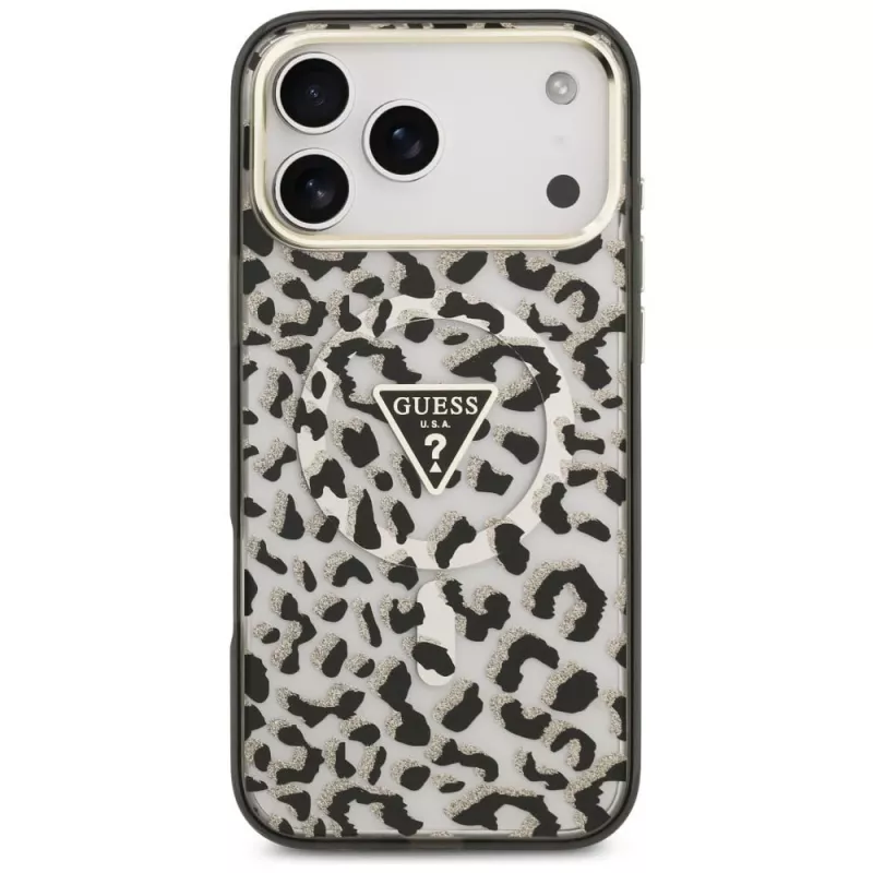 GUESS IML Leopard Glitter Triangle Logo MagSafe-Hülle für iPhone 18 Pro Max / 17 Pro Max - Schwarz