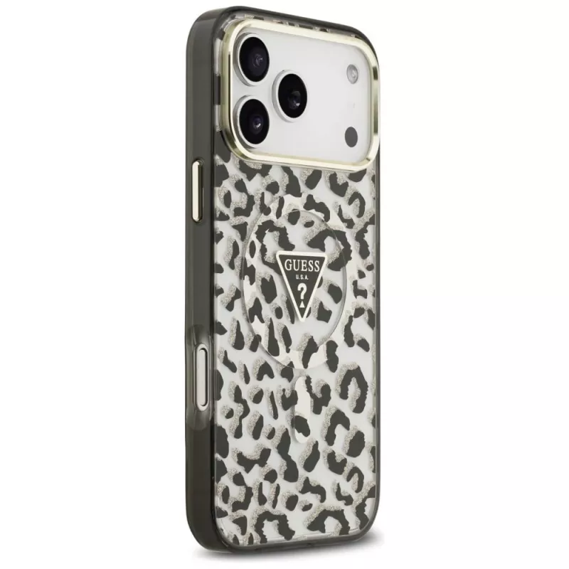 GUESS IML Leopard Glitter Triangle Logo MagSafe-Hülle für iPhone 18 Pro Max / 17 Pro Max - Schwarz