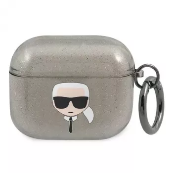 Karl Lagerfeld KLA3UKHGK AirPods 3 Hülle Schwarz Glitzer Karl's Kopf