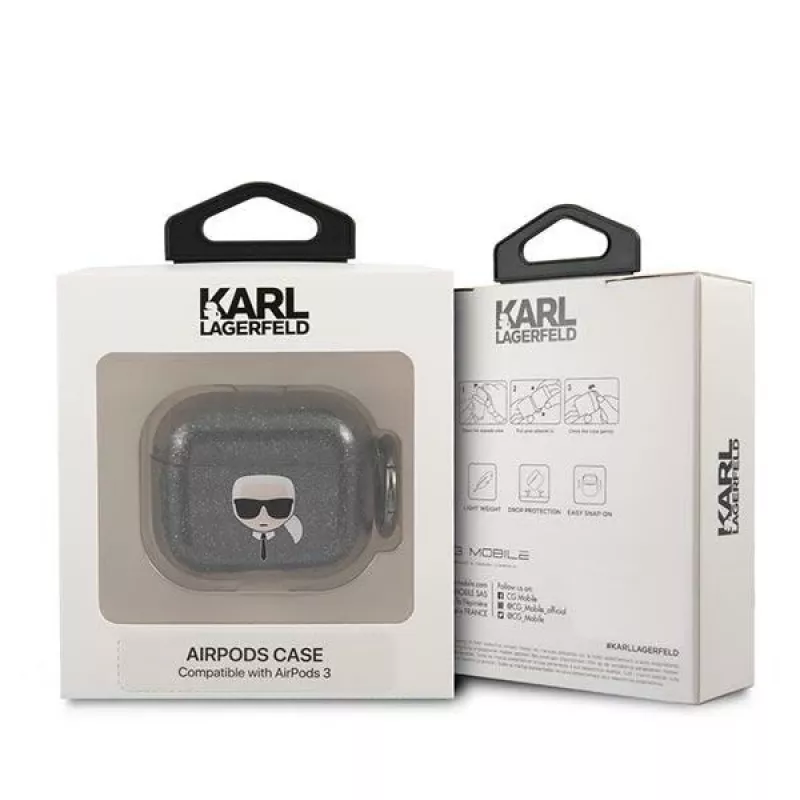 Karl Lagerfeld KLA3UKHGK AirPods 3 Hülle Schwarz Glitzer Karl's Kopf