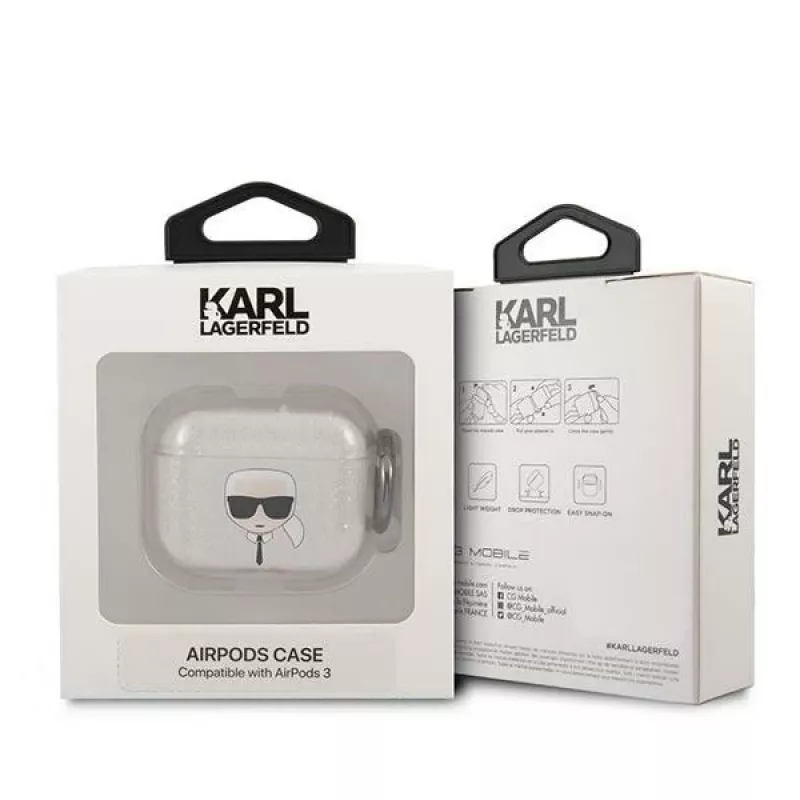 Karl Lagerfeld KLA3UKHGS AirPods 3 Hülle Silber Glitzer Karl's Head