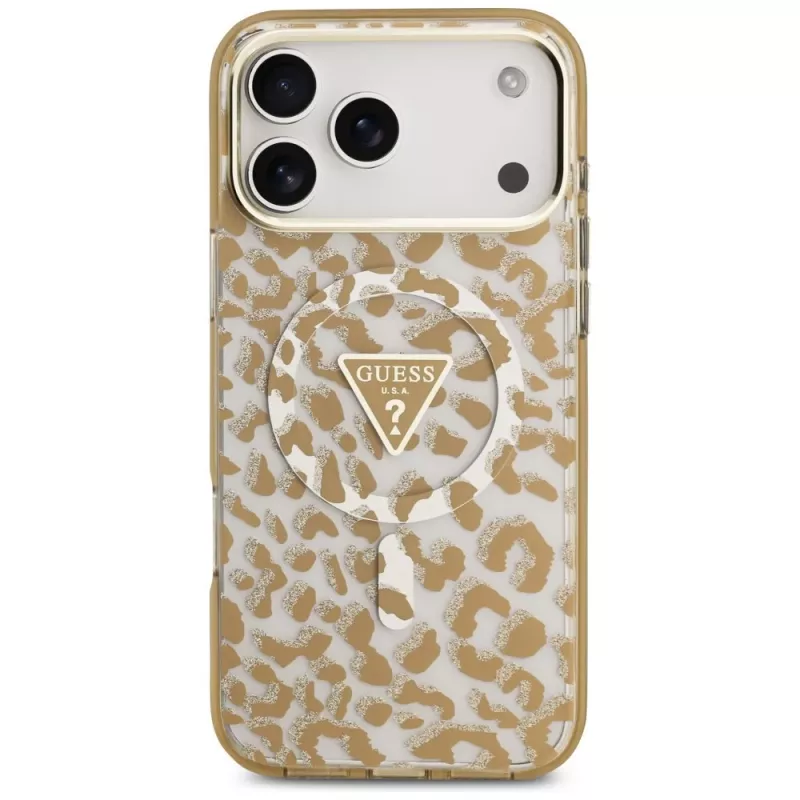 GUESS IML Leopard Glitter Triangle Logo MagSafe Hülle für iPhone 18 Pro Max / 17 Pro Max - Braun