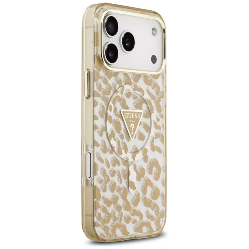 GUESS IML Leopard Glitter Triangle Logo MagSafe Hülle für iPhone 18 Pro Max / 17 Pro Max - Braun