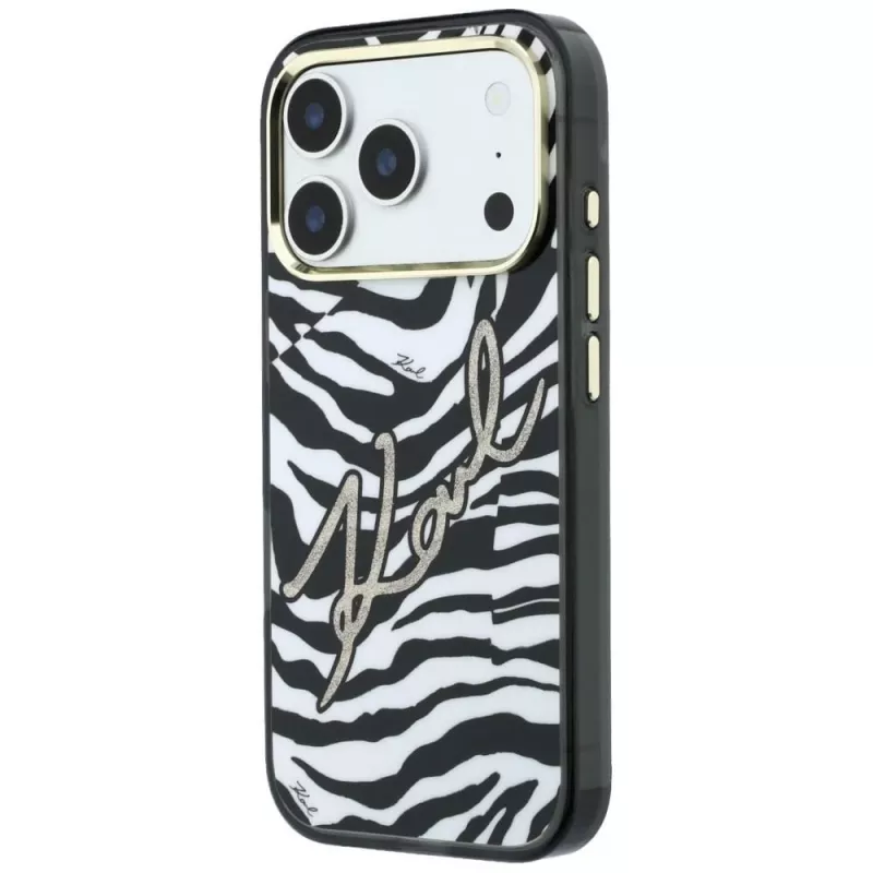 Karl Lagerfeld IML Signature Zebra Glitter MagSafe Hülle für iPhone 18 Pro / 17 Pro - Gold