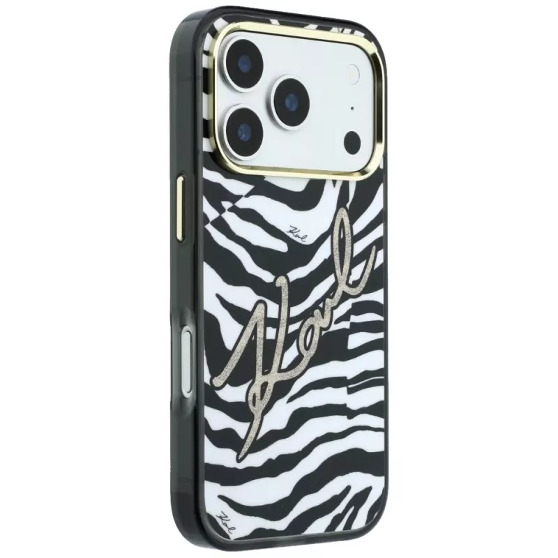Karl Lagerfeld IML Signature Zebra Glitter MagSafe Hülle für iPhone 18 Pro / 17 Pro - Gold