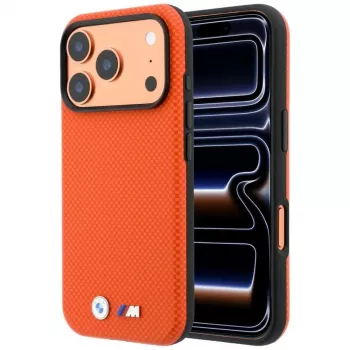 BMW M Quadrille Kevlar MagSafe-Hülle für iPhone 17 Pro Max / 18 Pro Max – Orange mit Metall-Logo