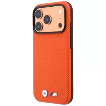 BMW M Quadrille Kevlar MagSafe-Hülle für iPhone 17 Pro Max / 18 Pro Max – Orange mit Metall-Logo