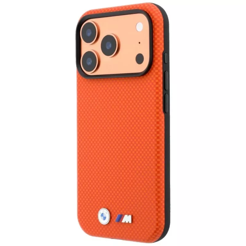 BMW M Quadrille Kevlar MagSafe-Hülle für iPhone 17 Pro Max / 18 Pro Max – Orange mit Metall-Logo