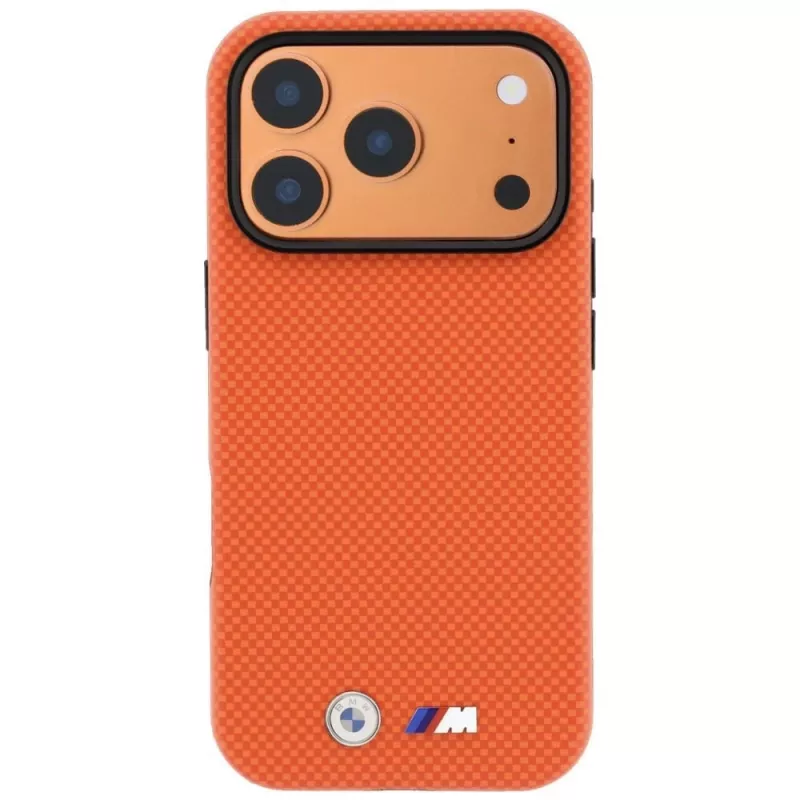 BMW M Quadrille Kevlar MagSafe-Hülle für iPhone 17 Pro Max / 18 Pro Max – Orange mit Metall-Logo