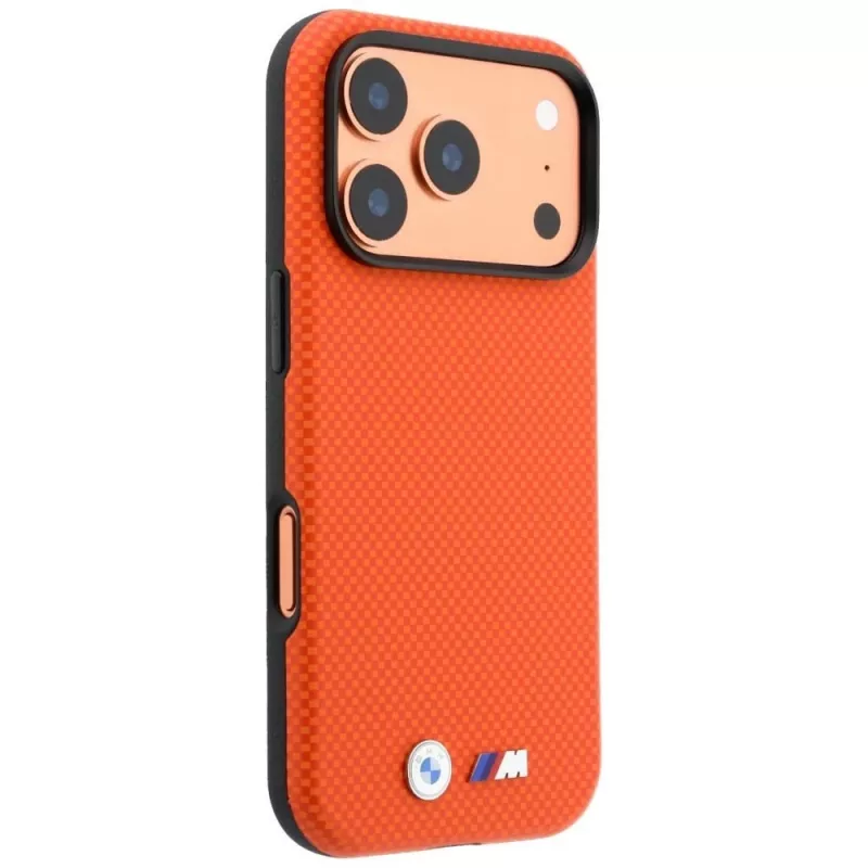 BMW M Quadrille Kevlar MagSafe-Hülle für iPhone 17 Pro Max / 18 Pro Max – Orange mit Metall-Logo