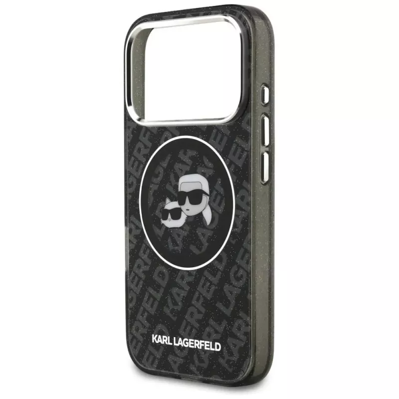 Karl Lagerfeld IML Glitter Karl & Choupette Heads Logo MagSafe Hülle für iPhone 17 Pro Schwarz