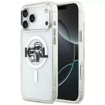 Karl Lagerfeld IML Glitter Karl & Choupette Sketch Logo MagSafe-Hülle für iPhone 17 Pro Max, Transparent