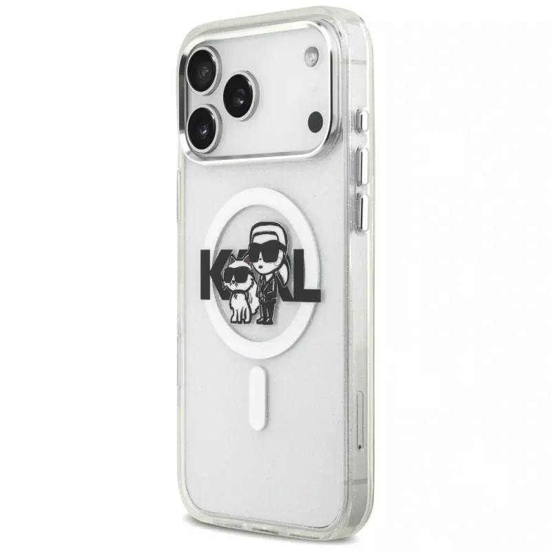 Karl Lagerfeld IML Glitter Karl & Choupette Sketch Logo MagSafe-Hülle für iPhone 17 Pro Max, Transparent