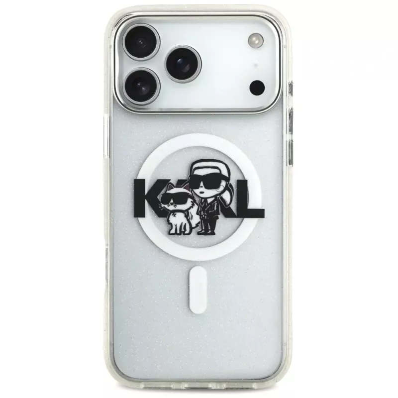 Karl Lagerfeld IML Glitter Karl & Choupette Sketch Logo MagSafe-Hülle für iPhone 17 Pro Max, Transparent