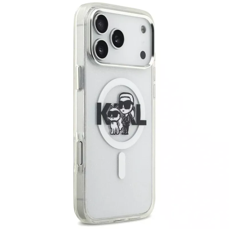 Karl Lagerfeld IML Glitter Karl & Choupette Sketch Logo MagSafe-Hülle für iPhone 17 Pro Max, Transparent