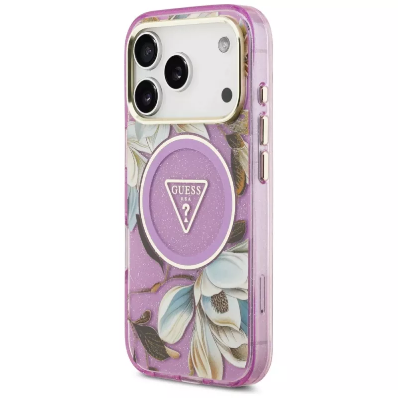 GUESS IML Glitter Flowers Triangle MagSafe-Hülle für iPhone 18 Pro / 17 Pro - Lila
