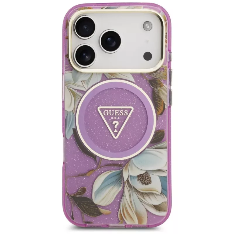 GUESS IML Glitter Flowers Triangle MagSafe-Hülle für iPhone 18 Pro / 17 Pro - Lila