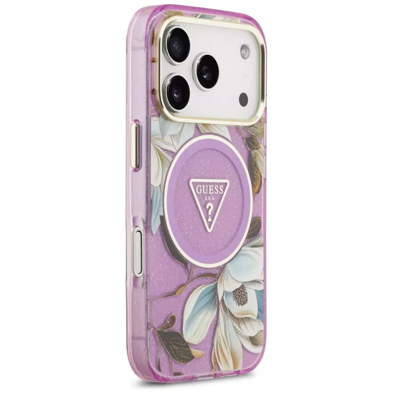 GUESS IML Glitter Flowers Triangle MagSafe-Hülle für iPhone 18 Pro / 17 Pro - Lila