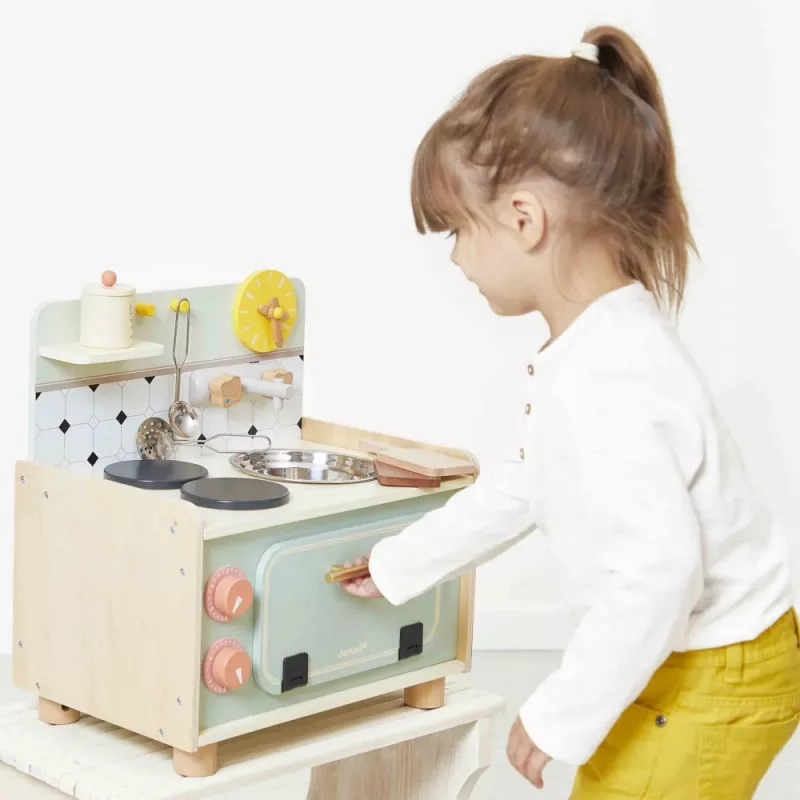 Janod Shiny Grandma Holz-Spielküche mit 9 Zubehörteilen, Pink/Grau