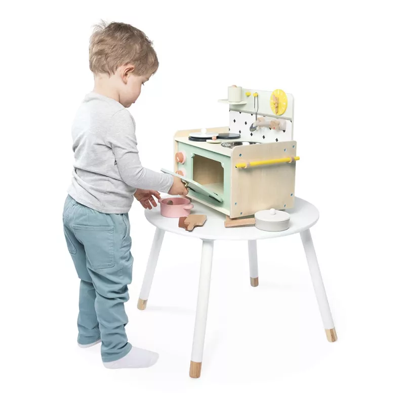Janod Shiny Grandma Holz-Spielküche mit 9 Zubehörteilen, Pink/Grau