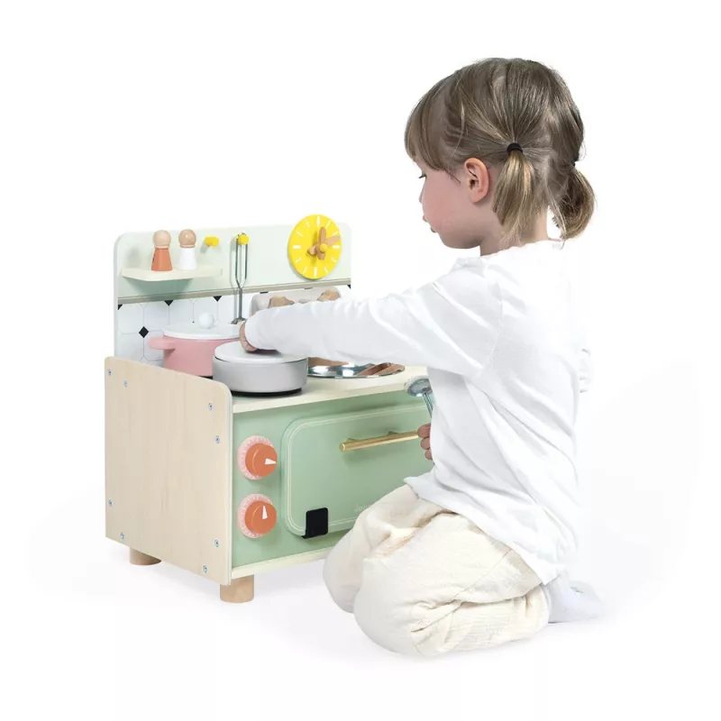 Janod Shiny Grandma Holz-Spielküche mit 9 Zubehörteilen, Pink/Grau