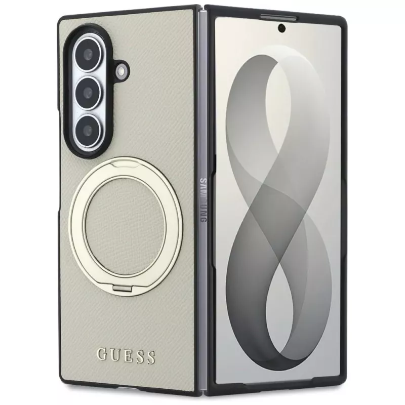 Guess Magnetic Ring Stand Grained Classic Logo MagSafe Hülle für Samsung Galaxy Z Fold 8 Ultra (Beige)