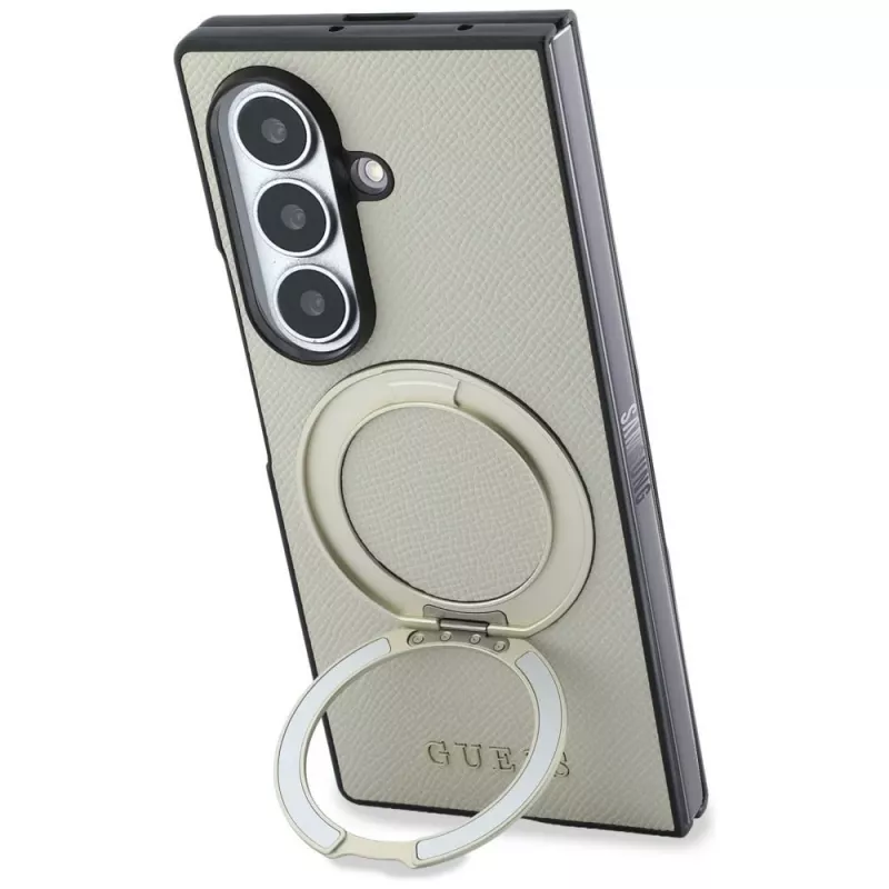 Guess Magnetic Ring Stand Grained Classic Logo MagSafe Hülle für Samsung Galaxy Z Fold 8 Ultra (Beige)