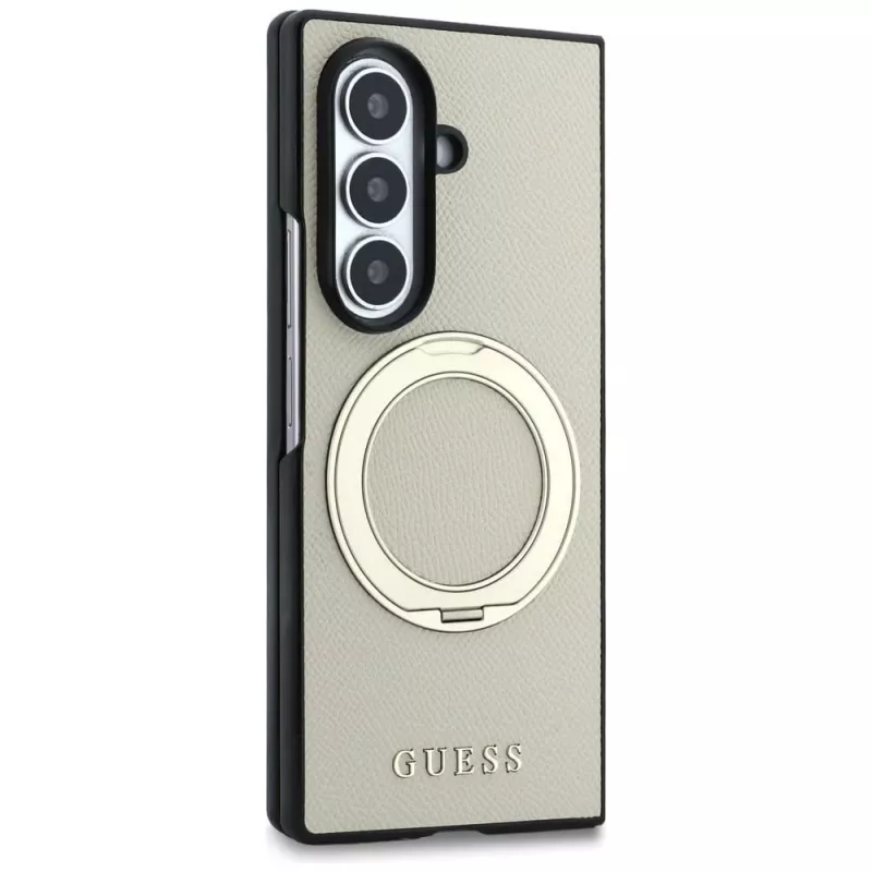 Guess Magnetic Ring Stand Grained Classic Logo MagSafe Hülle für Samsung Galaxy Z Fold 8 Ultra (Beige)