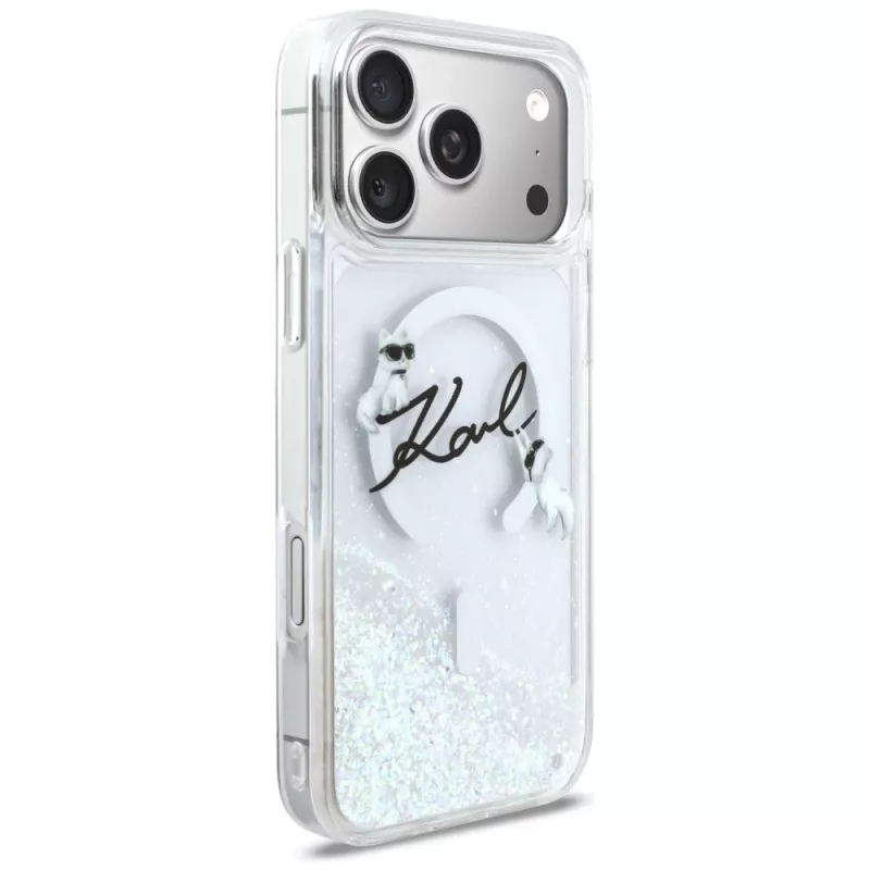 Karl Lagerfeld Liquid Glitter Karl Script Logo MagSafe Hülle für iPhone 17 Pro Max, Transparent