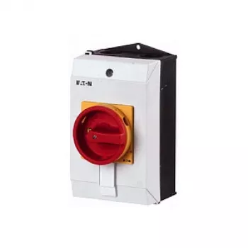 Eaton P1-25/I2/SVB 3-poliger Hauptschalter, 25 A, 690 V, IP65, rot/gelber Griff, Aufbaumontage, Not-Aus-Funktion