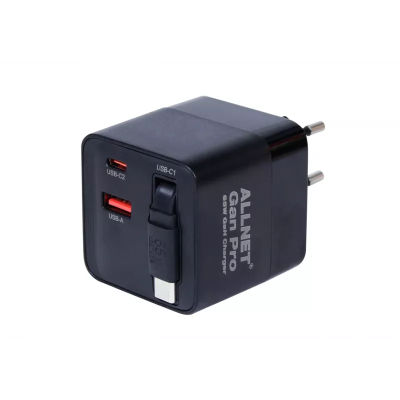 ALLNET 65W GaN USB-C PD Wandladegerät mit Quick Charge 3.0, 2x USB-C und 1x USB-A