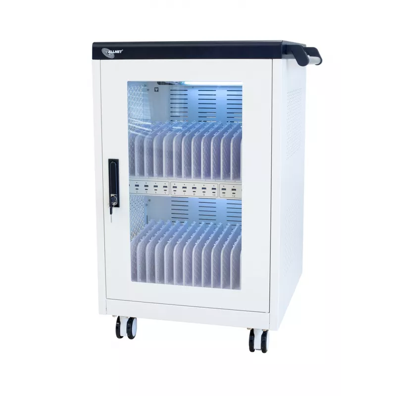 ALLNET 30-Geräte-Ladewagen mit 30 USB-A-Anschlüssen, 360W Gesamtleistung, abschließbarer Stahlschrank, 30W pro Gerät (CX30-30W)