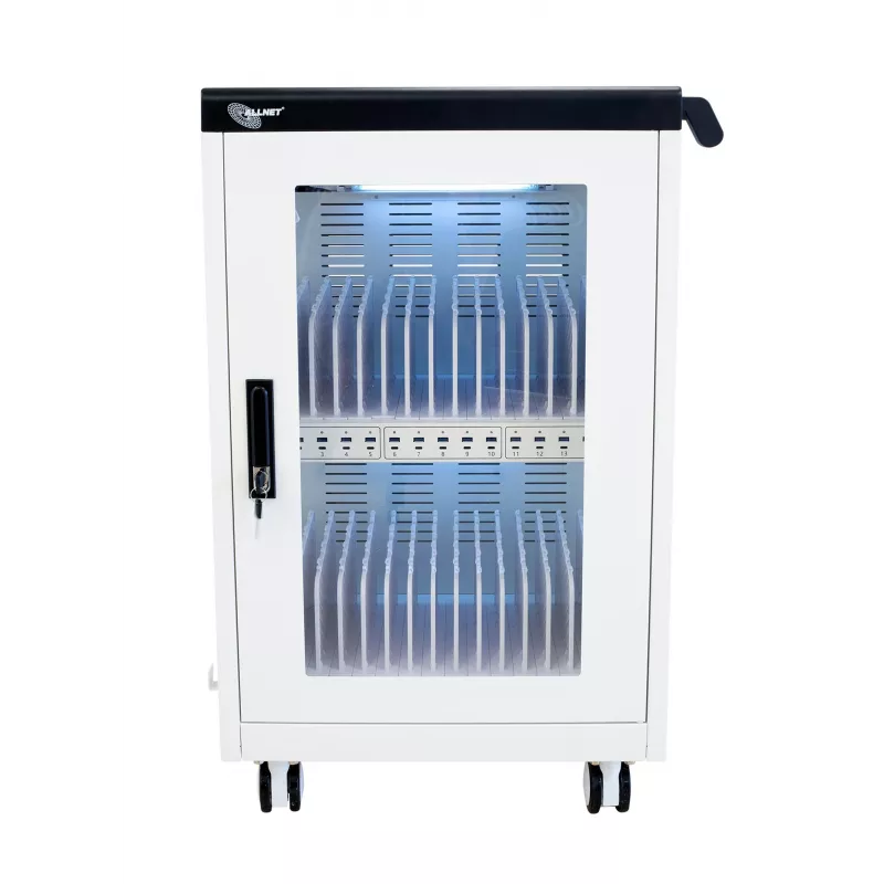 ALLNET 30-Geräte-Ladewagen mit 30 USB-A-Anschlüssen, 360W Gesamtleistung, abschließbarer Stahlschrank, 30W pro Gerät (CX30-30W)