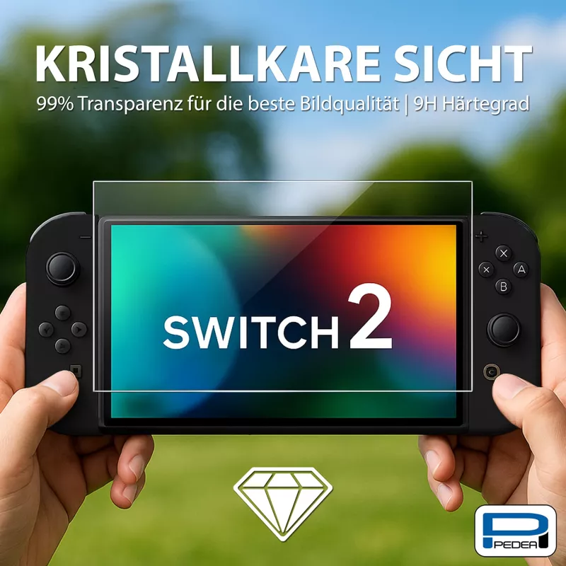 PEDEA Panzerglas-Displayschutz für Nintendo Switch 2 (2025) - 9H Härte, HD-Klarheit, blasenfrei, 2.5D Kanten