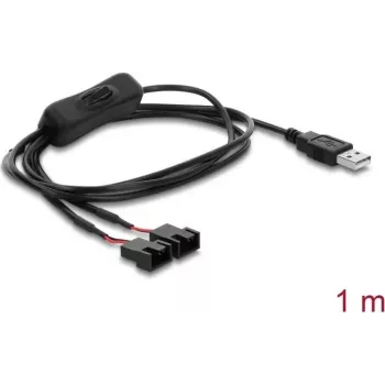 Delock USB Type-A Stecker auf 2 x 4-Pin Lüfteranschluss Kabel mit Ein-/Ausschalter, 1 m, Schwarz