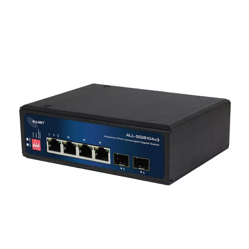 ALLNET ALL-SGI8104v3 Industrial Unmanaged Layer 2 Switch, 6 Port GbE, 4x GbE RJ45, 2x SFP, Lüfterlos, IP40