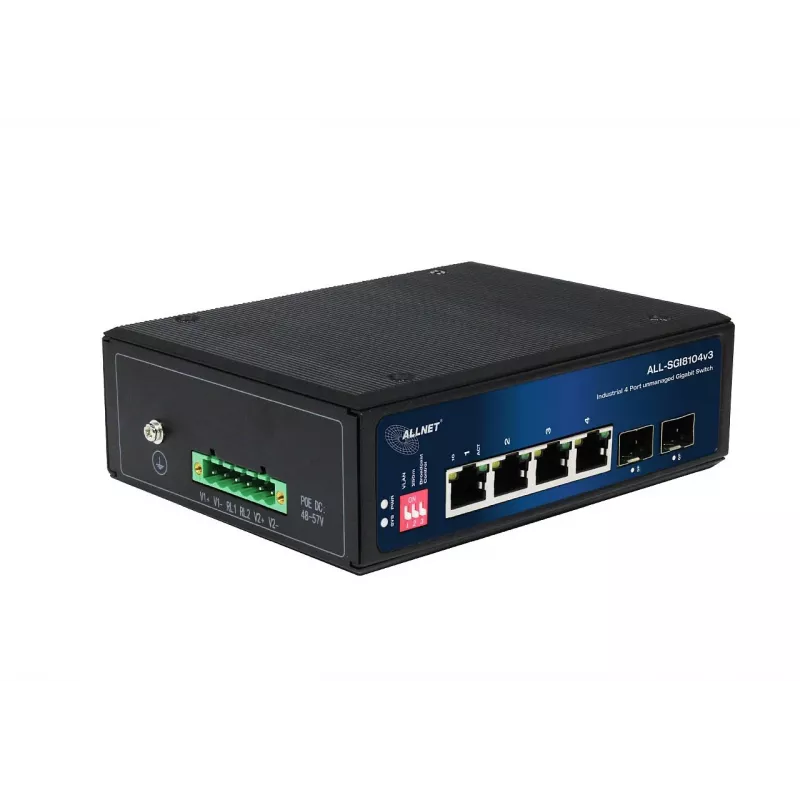 ALLNET ALL-SGI8104v3 Industrial Unmanaged Layer 2 Switch, 6 Port GbE, 4x GbE RJ45, 2x SFP, Lüfterlos, IP40