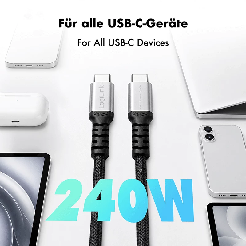 LogiLink USB 2.0 Type-C Kabel, C/M auf C/M, 480 Mbps, 240W, Nylon, Metall, Schwarz/Silber, 2 m
