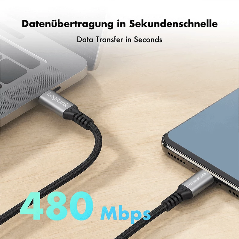 LogiLink USB 2.0 Type-C Kabel, C/M auf C/M, 480 Mbps, 240W, Nylon, Metall, Schwarz/Silber, 2 m