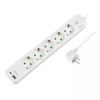 LogiLink LPS280U Steckdosenleiste, 5 AC-Steckdosen, 2 USB-Anschlüsse (USB-A & USB-C), 17W, Weiß