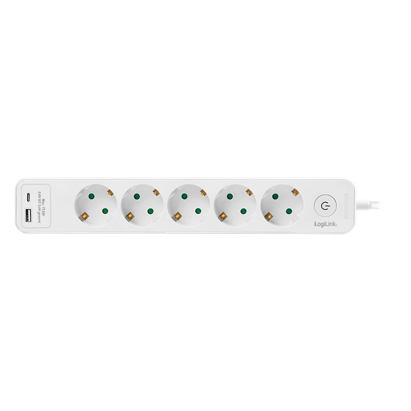 LogiLink LPS280U Steckdosenleiste, 5 AC-Steckdosen, 2 USB-Anschlüsse (USB-A & USB-C), 17W, Weiß